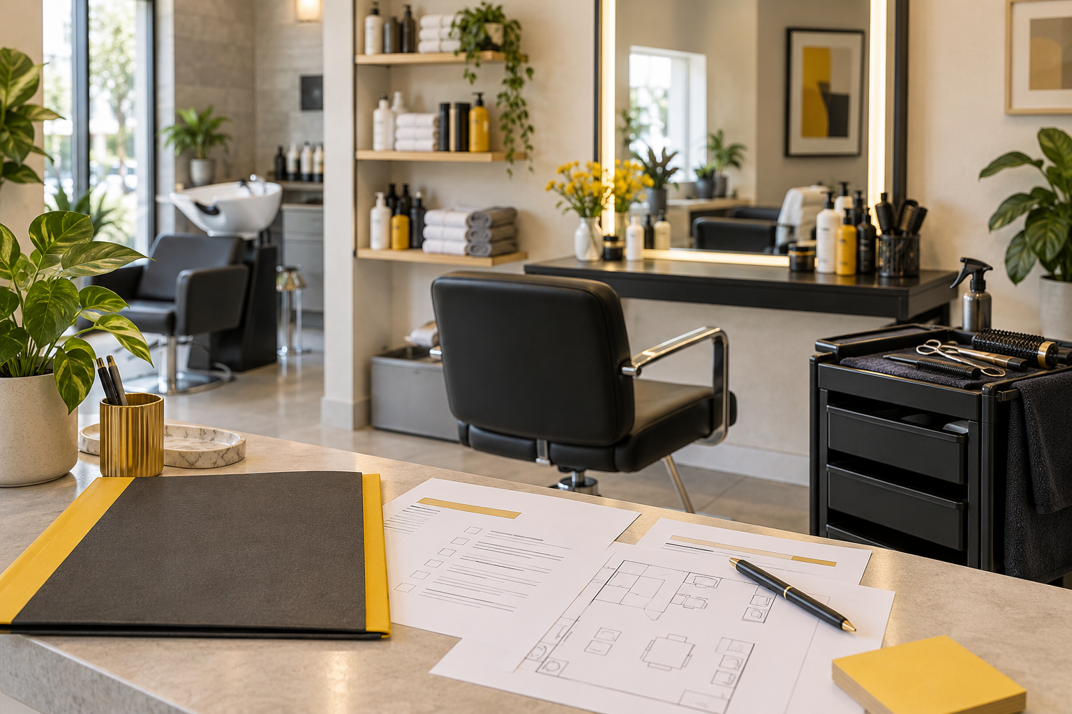 Salón de belleza con estaciones de trabajo y documentos para preparar su licencia sanitaria.